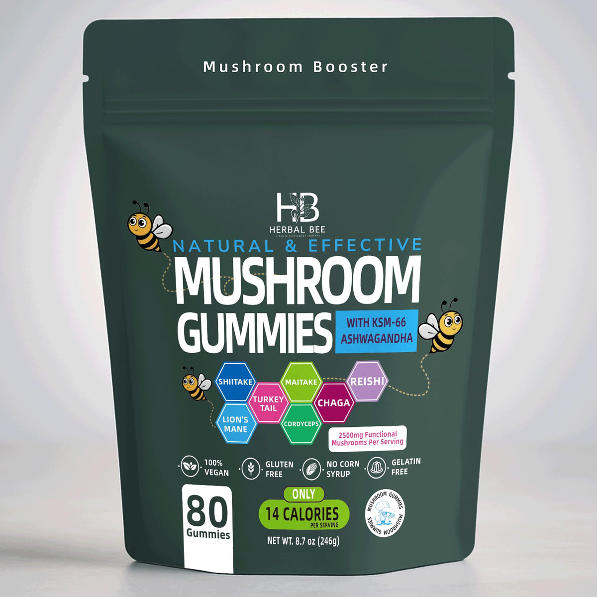 Gummies Herbal Bee à l'Ashwagandha et champignons, pot de 80 unités