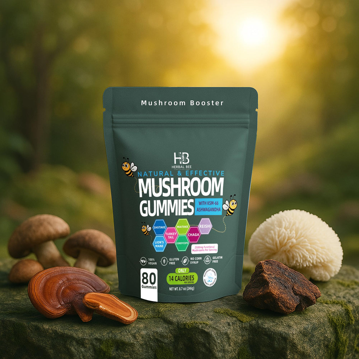 Gummies Herbal Bee, présentation des gummies sur une surface en bois