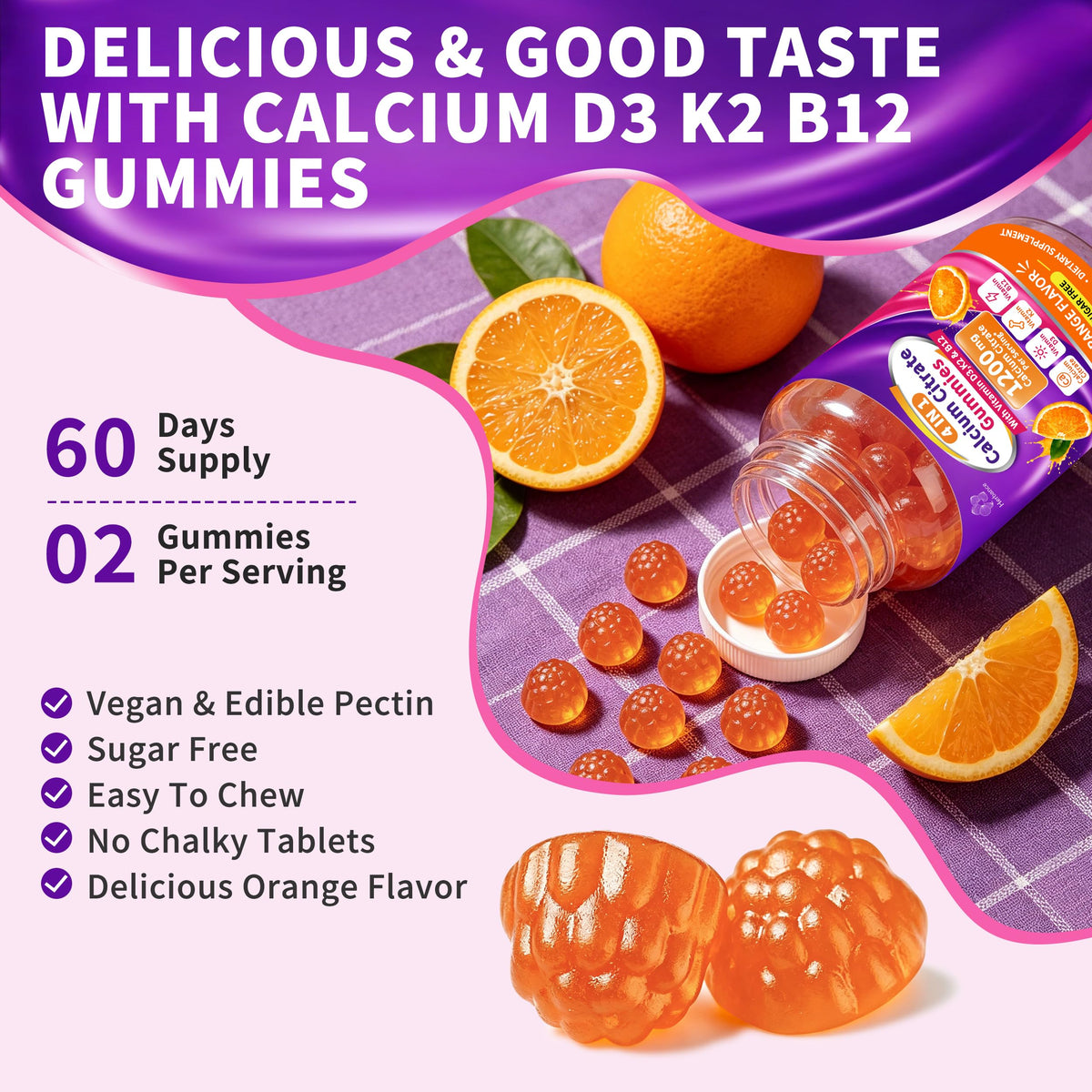 Gummies Herbance Calcium Citrate 1200mg et ingrédients sur une table