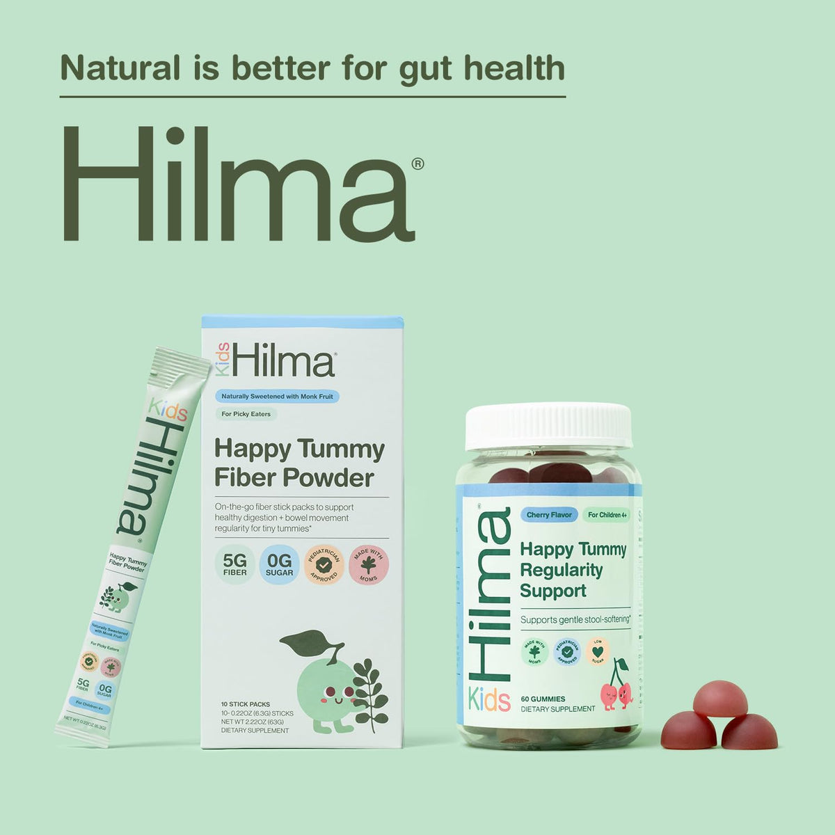 Gummies Hilma Happy Tummy cerise, présentation sur une table