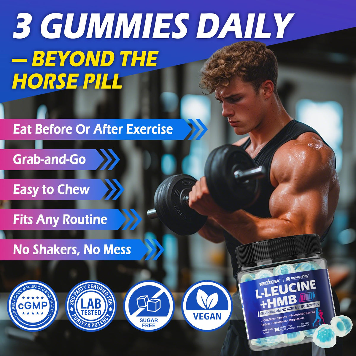 Gummies HMB et L-Leucine Nextdia avec une main tenant un gummy