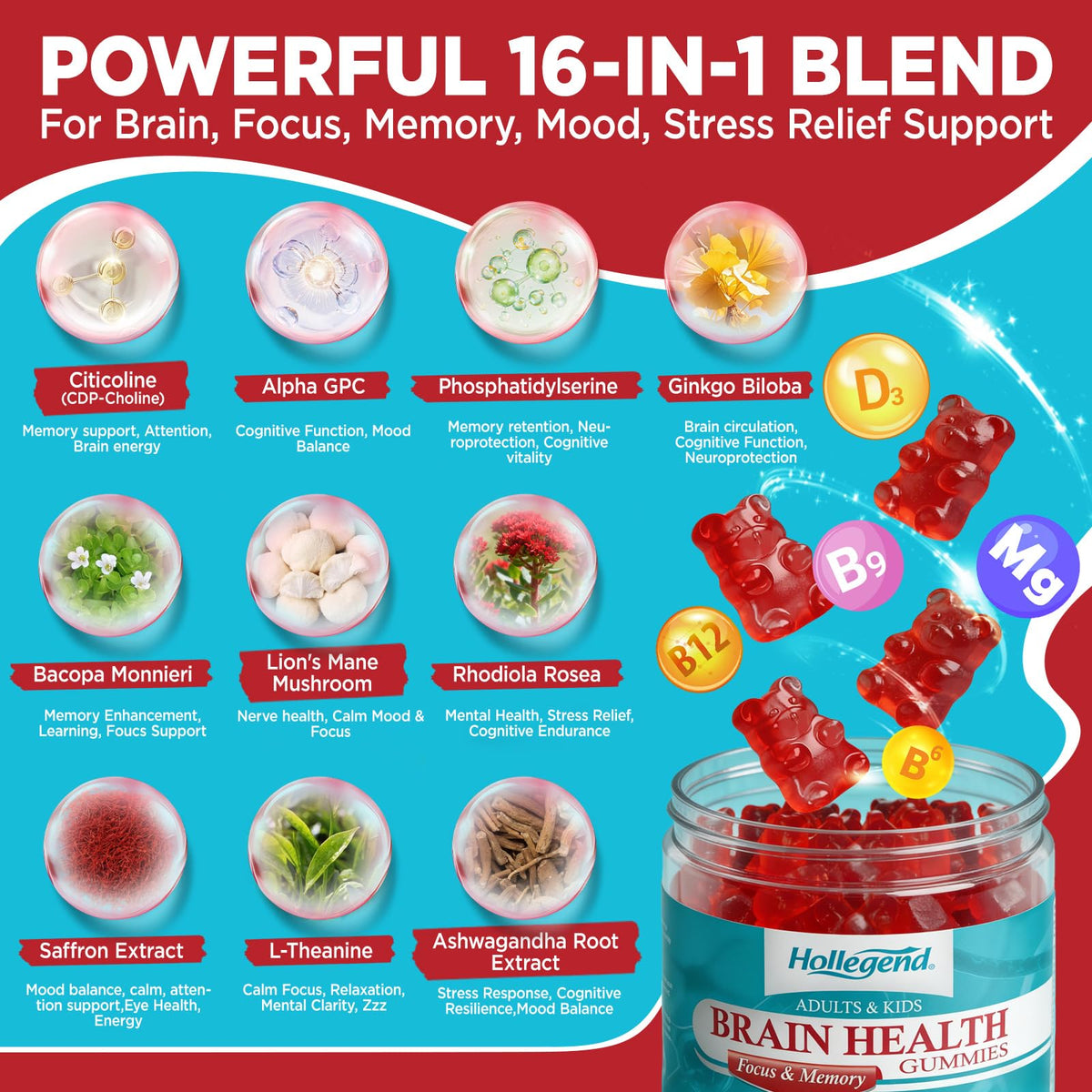 Gummies HOLLEGEND à la choline, étiquette avec informations nutritionnelles