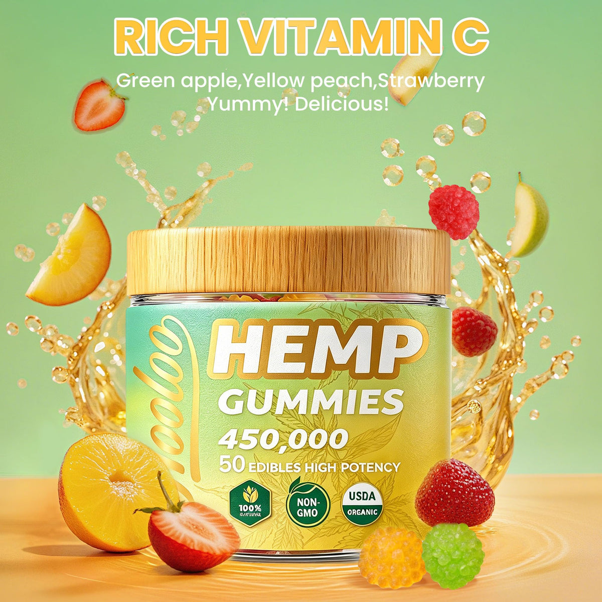 Gummies HOOLOO Chanvre 450 000 saveurs fraise, pomme verte et pêche