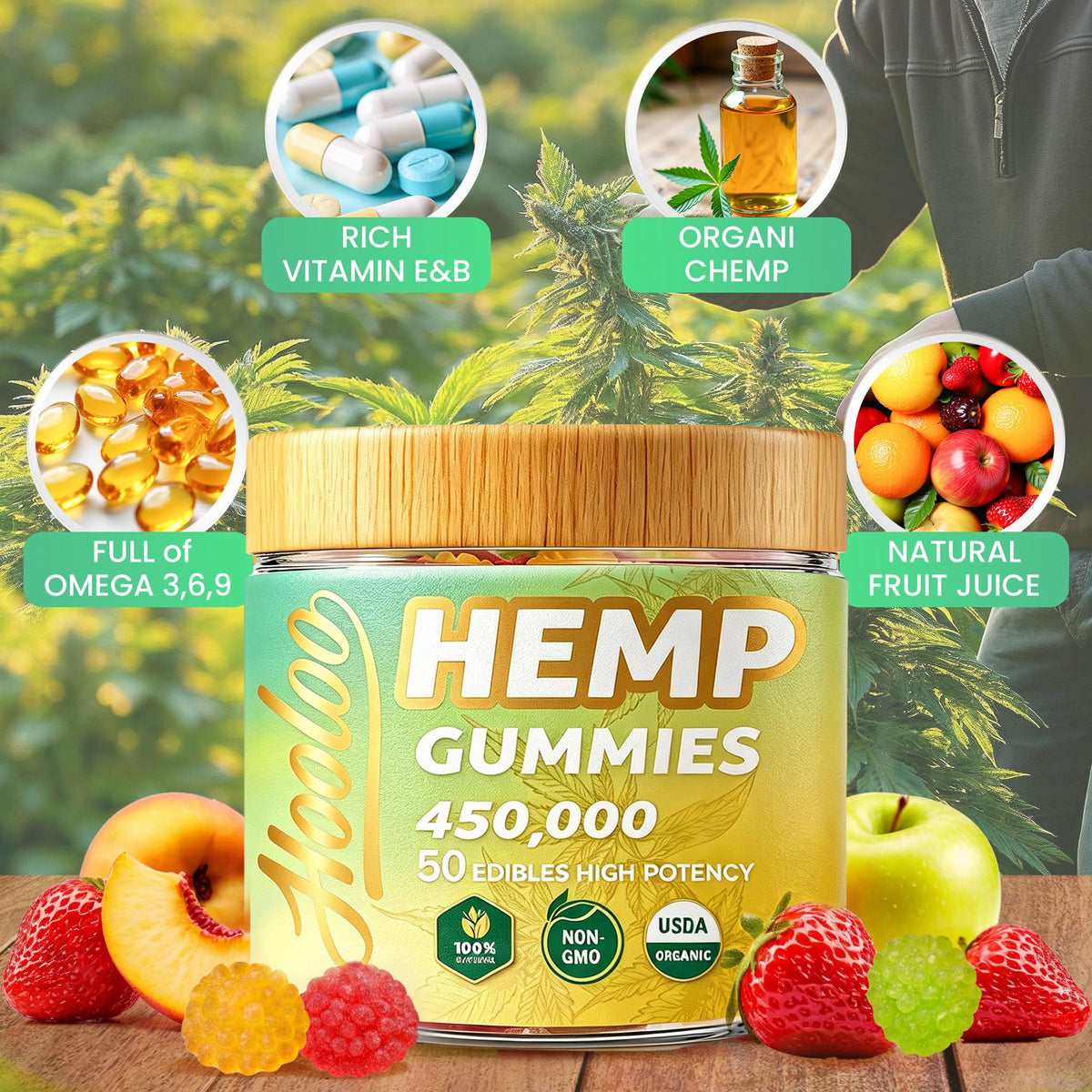 Gummies HOOLOO Chanvre 450 000 sur une table en bois