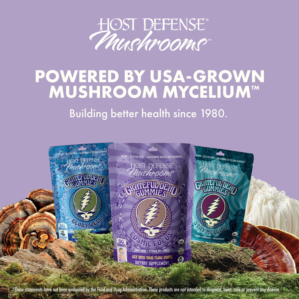 Gummies Host Defense Grateful Dead avec étiquettes nutritionnelles
