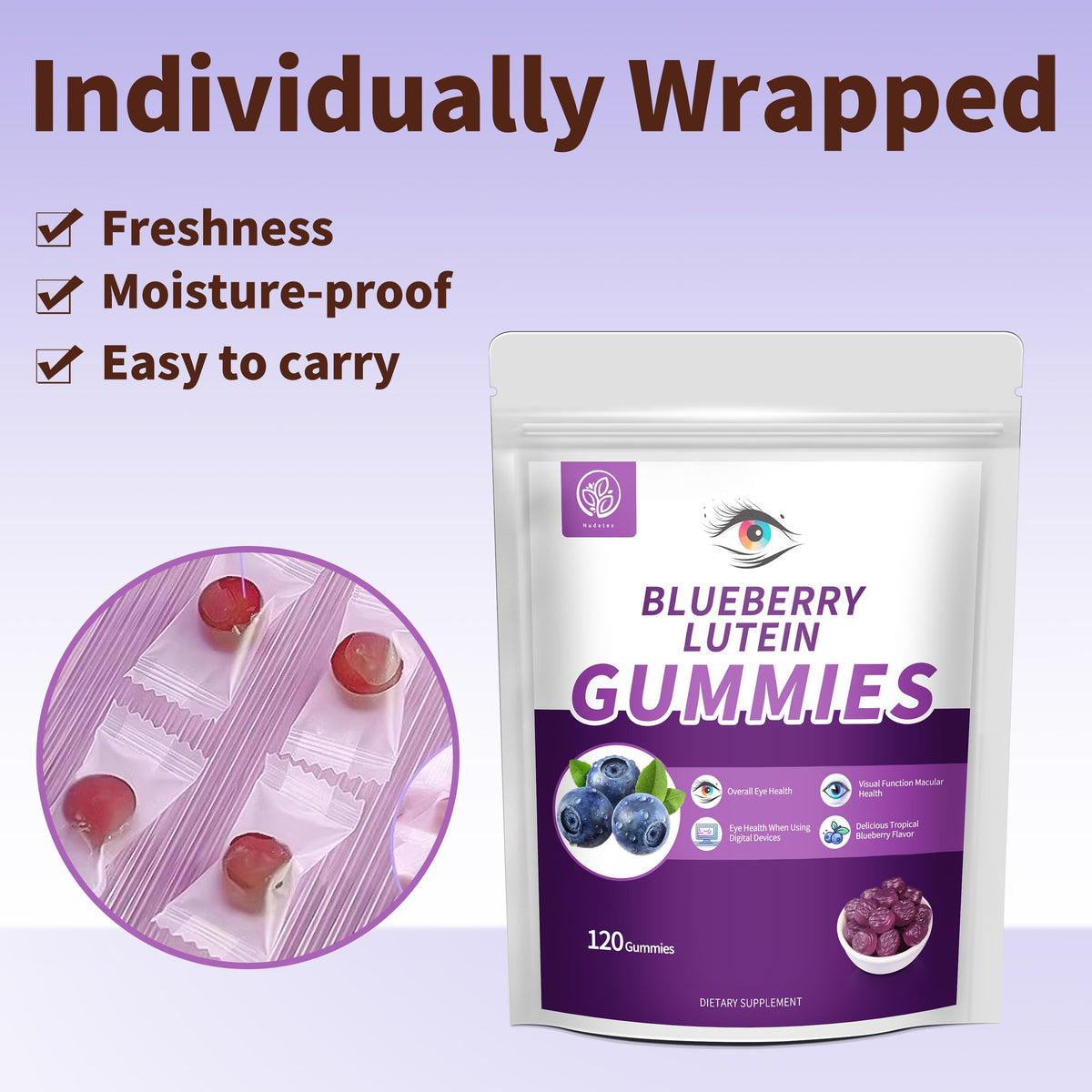 Gummies Hudetex dans un bol avec des myrtilles