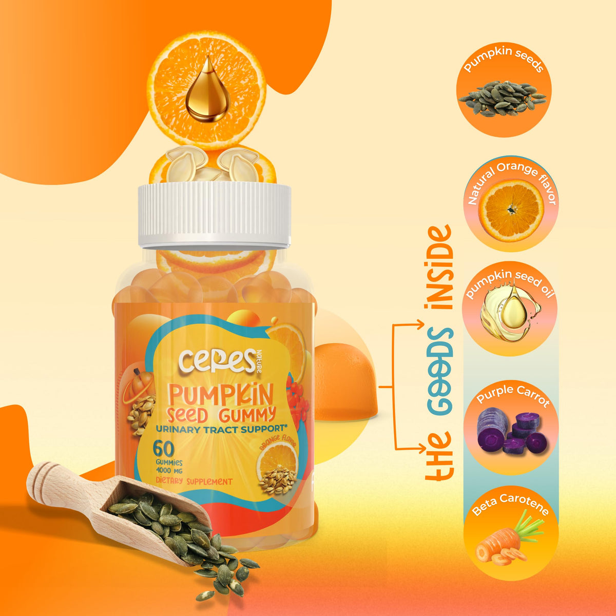 Gummies Huile de Pépin de Citrouille Ceres Nature avec orange frais à côté