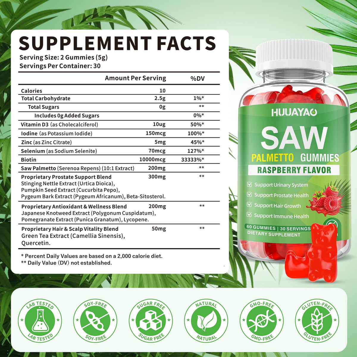Gummies HUUAYAO au Saw Palmetto montrant la texture et la couleur framboise