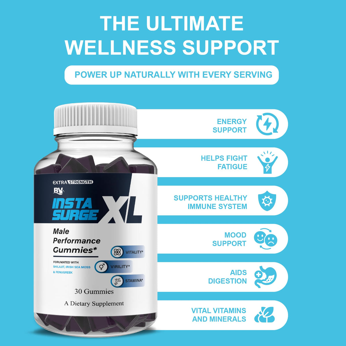 Gummies Insta Surge XL avec fruits en arrière-plan
