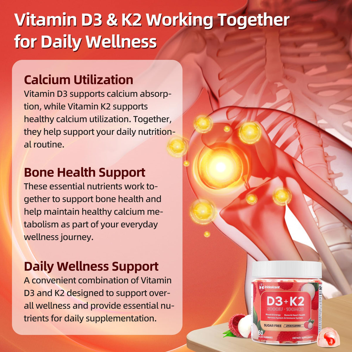 Gummies IRIDESICENT D3 K2 5000 IU avec un gummy en premier plan