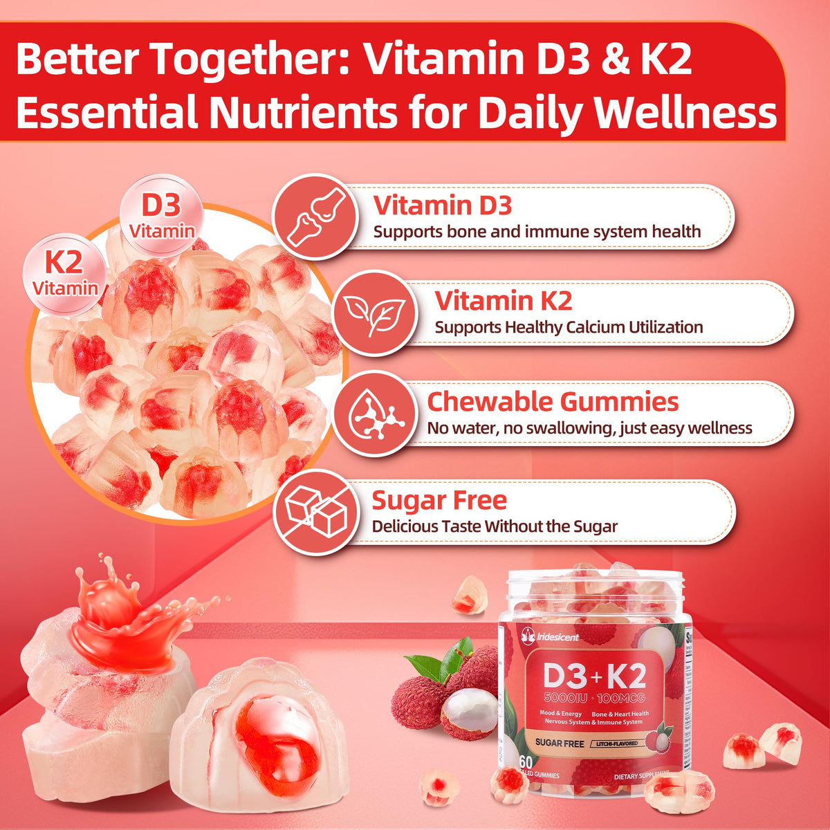 Gummies IRIDESICENT D3 K2 5000 IU goût litchi