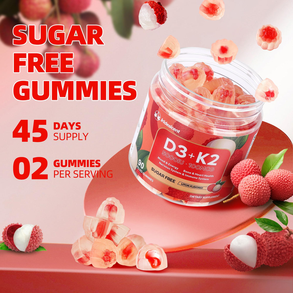 Gummies IRIDESICENT D3 K2 sur une table avec fruits de litchi