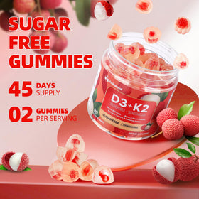 Gummies IRIDESICENT D3 K2 sur une table avec fruits de litchi