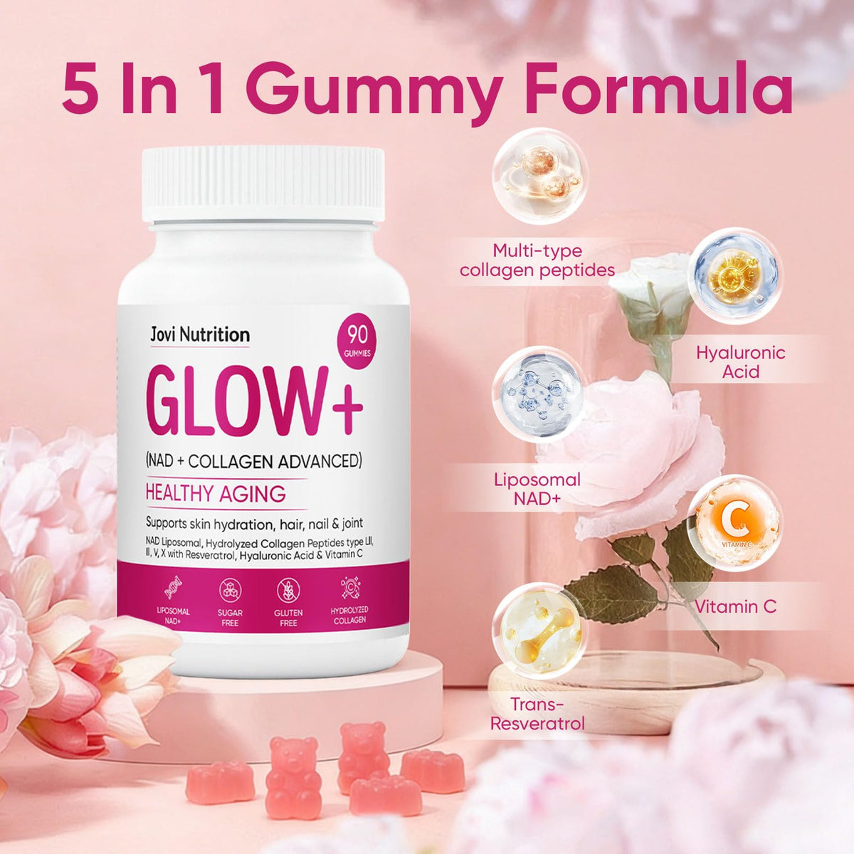 Gummies Jovi Glow+ de collagène avec des fruits frais en arrière-plan