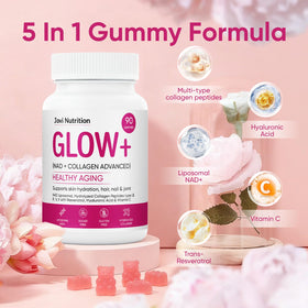 Gummies Jovi Glow+ de collagène avec des fruits frais en arrière-plan