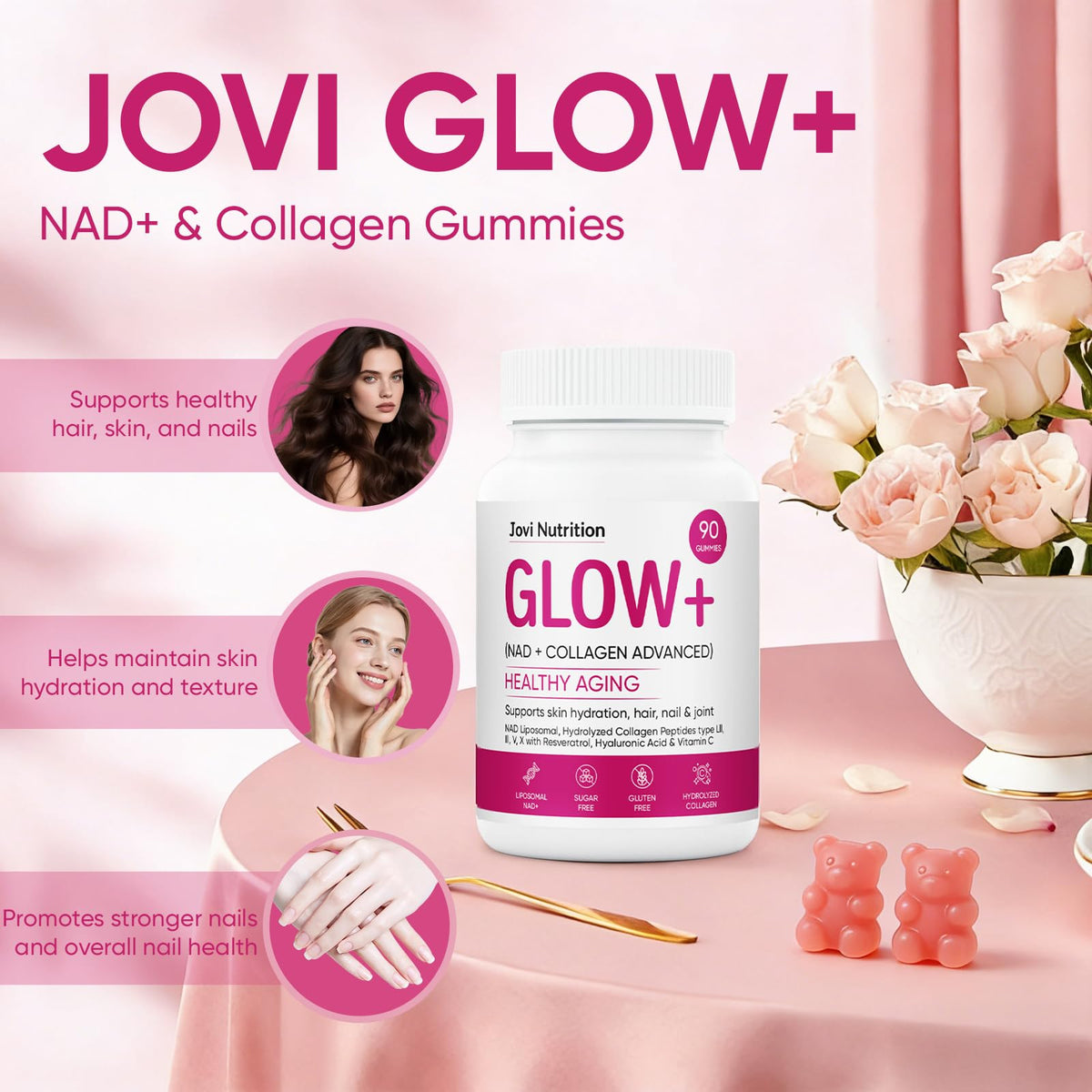Gummies Jovi Glow+ de collagène sur fond blanc