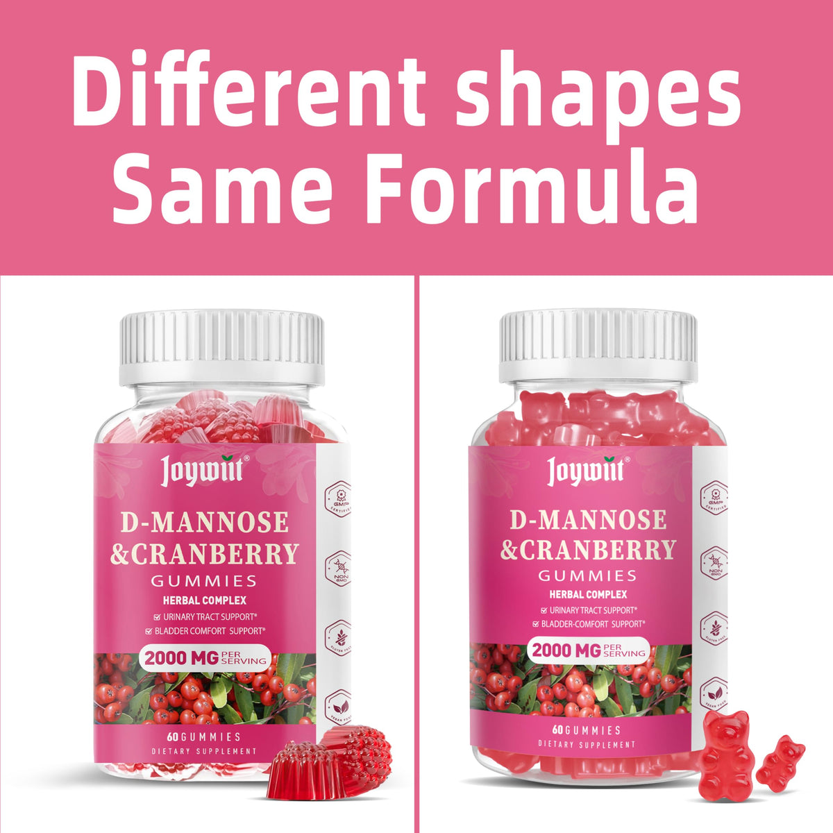 Gummies Joywiit D-Mannose 2000mg sur une table avec des ingrédients