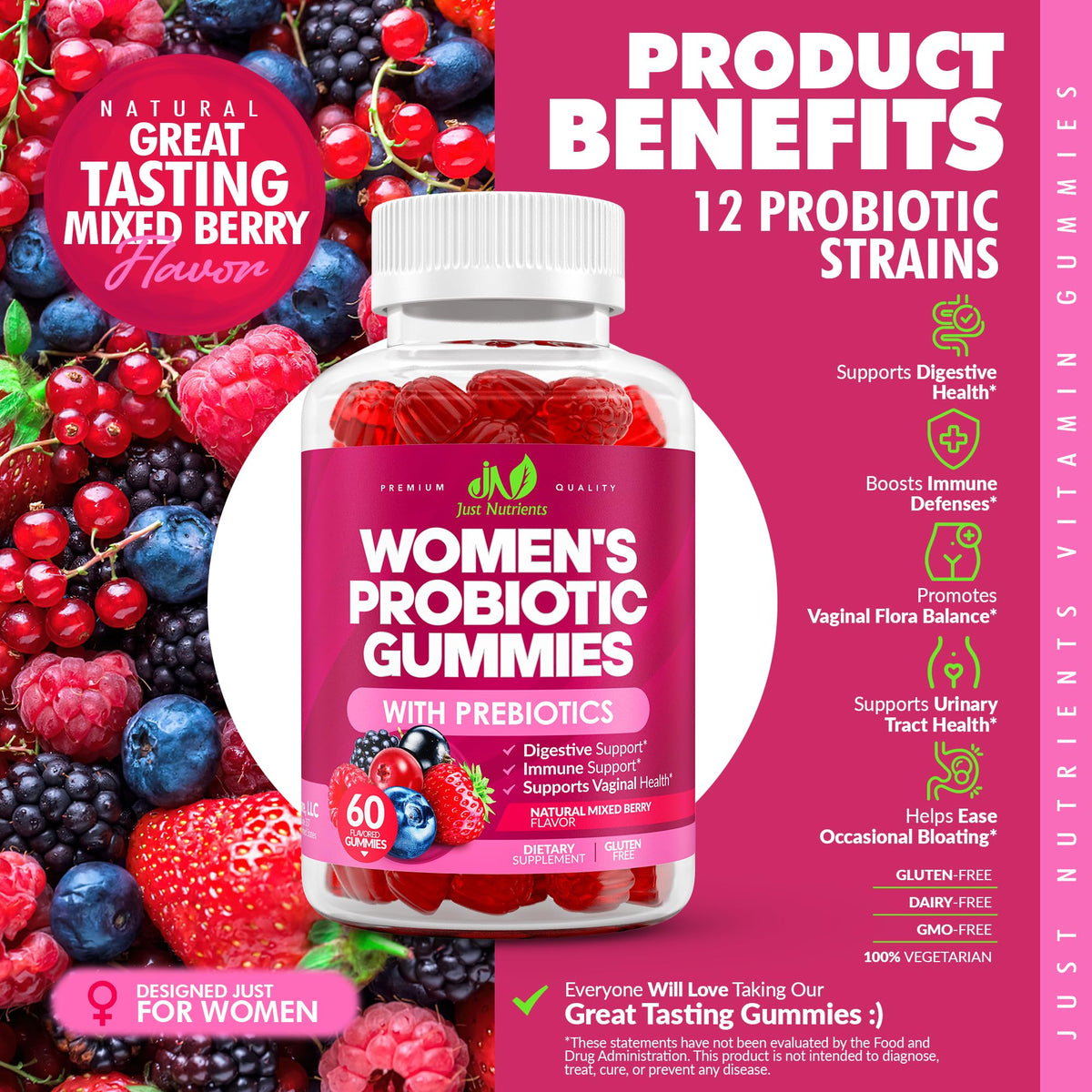 Gummies Just Nutrients sur une table avec des baies