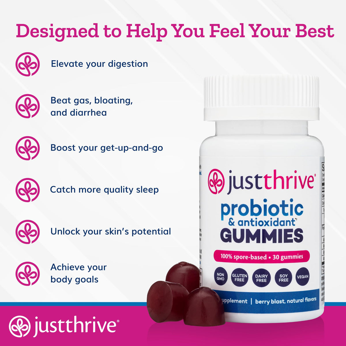 Gummies Just Thrive sur une table avec des fruits