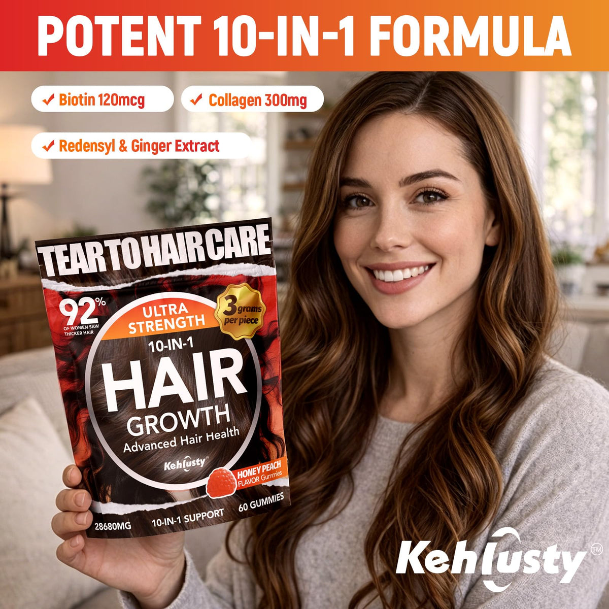 Gummies KEHLUSTY avec ingrédients naturels en arrière-plan