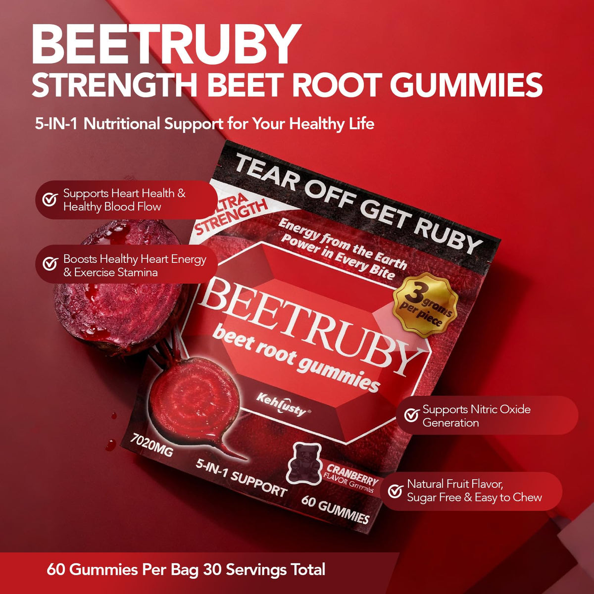 Gummies KEHLUSTY avec mélange de betterave et fruits, bouteille ouverte