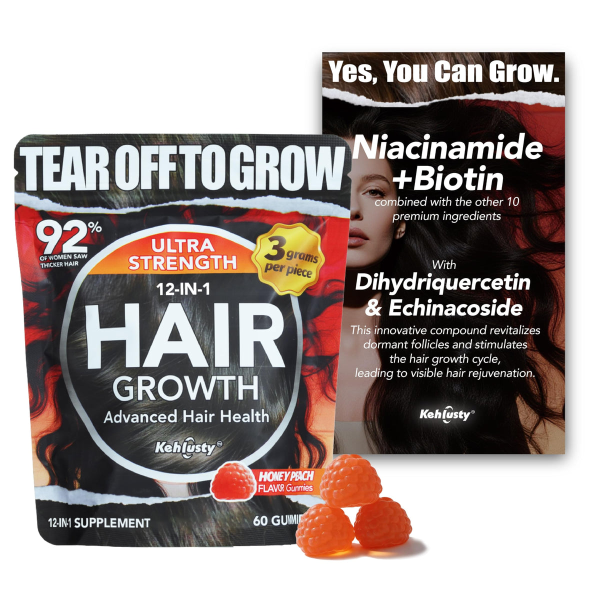 Gummies KEHLUSTY pour la croissance des cheveux, vue de l'emballage