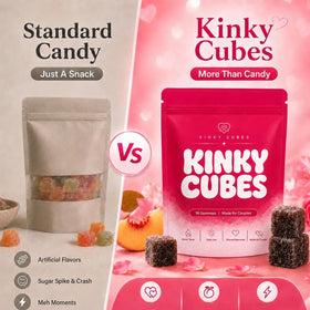 Gummies KINKY CUBES avec une main tenant un gummy
