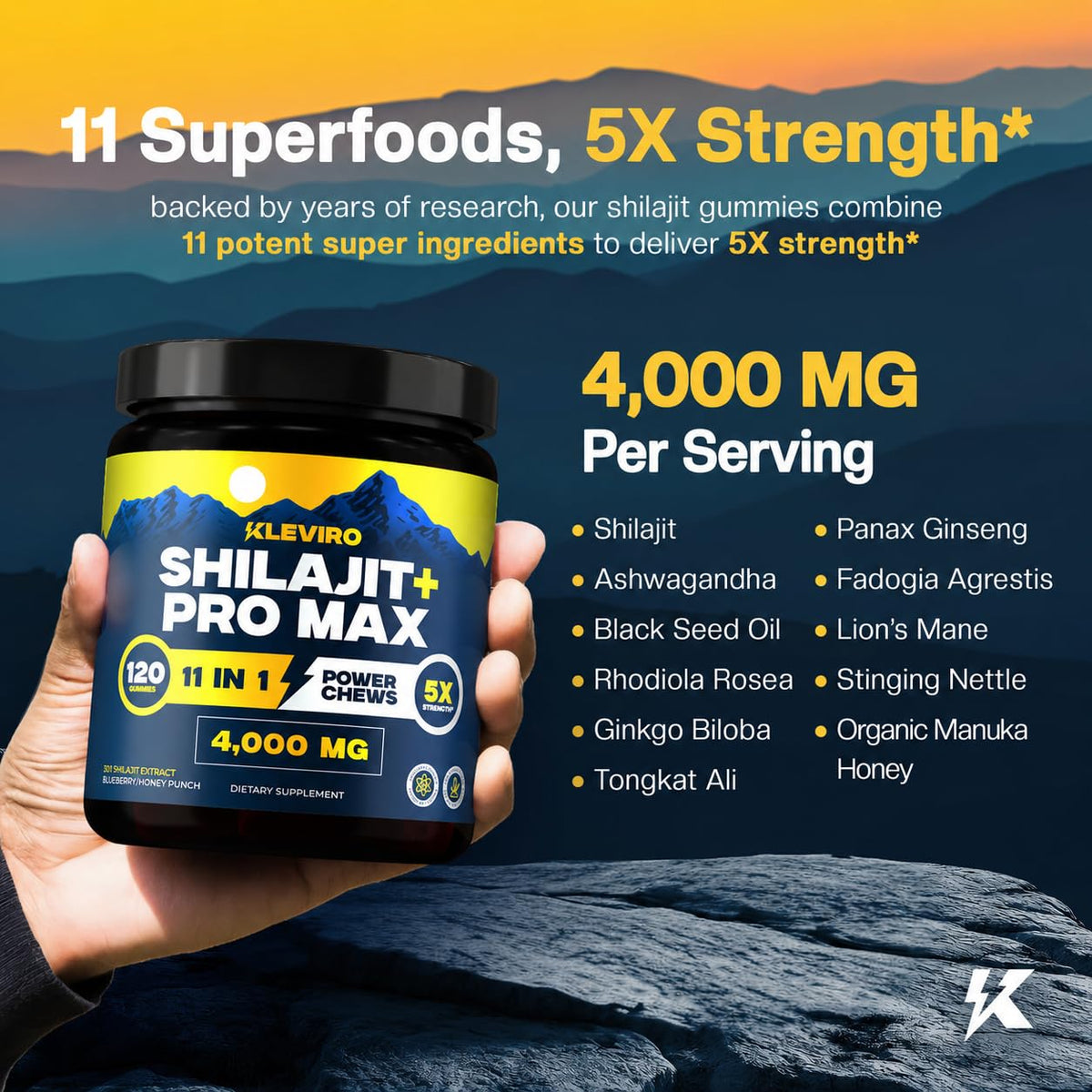Gummies KLEVIRO Shilajit Pro Max montrant l'extrait 30:1