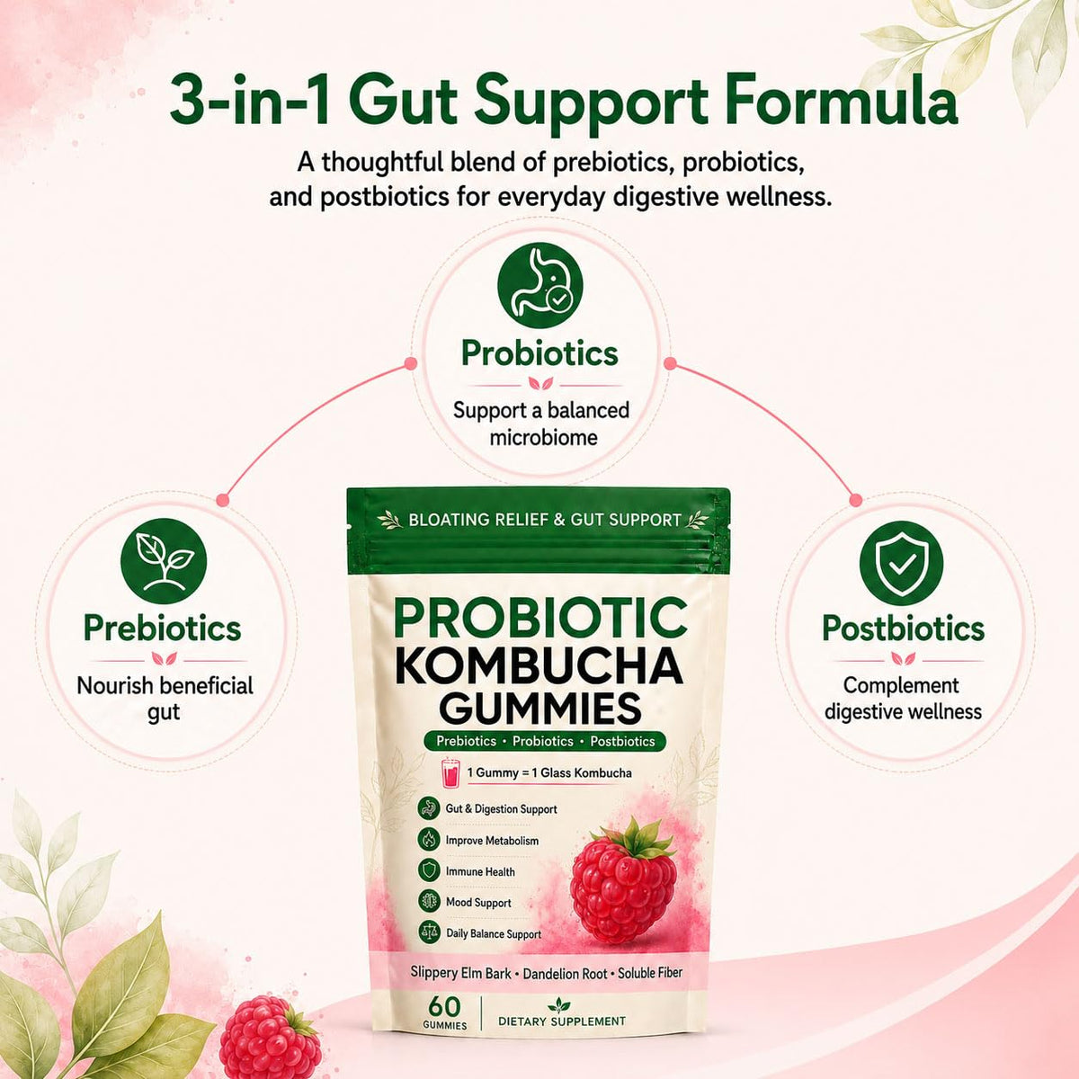 Gummies Kombucha Awjsde, étiquette visible avec informations nutritionnelles