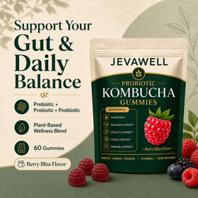 Gummies Kombucha FQMUEV sur une table avec des fruits