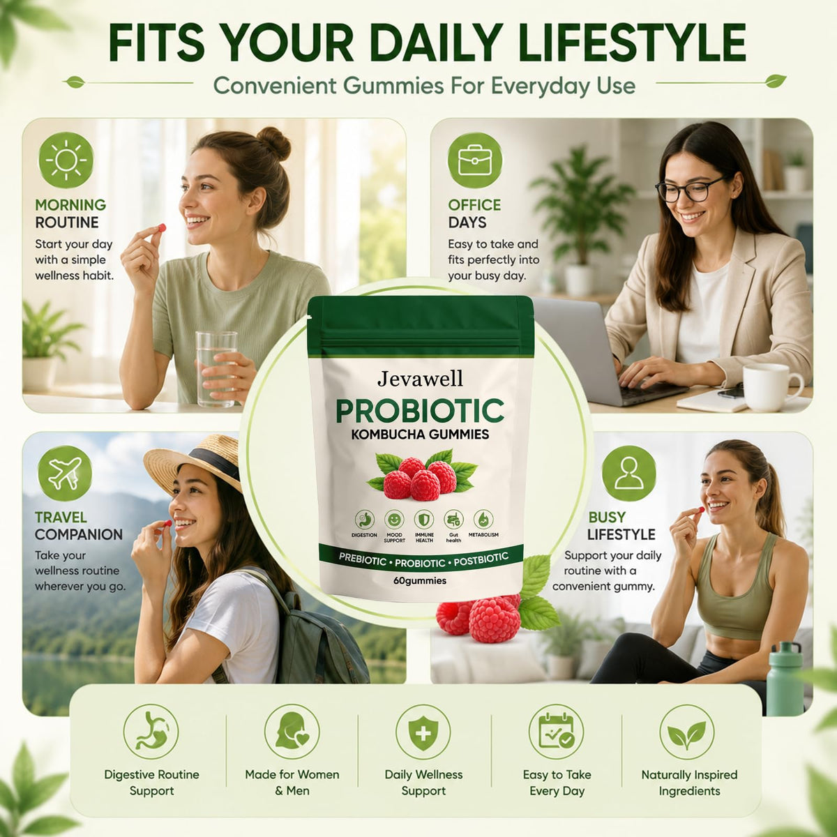 Gummies kombucha hanachi Jevawell avec des ingrédients naturels en arrière-plan