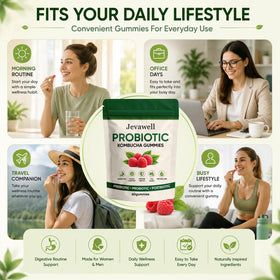 Gummies kombucha hanachi Jevawell avec des ingrédients naturels en arrière-plan