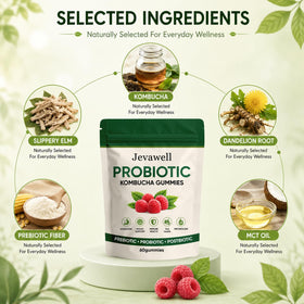 Gummies kombucha hanachi Jevawell sur une table avec un fond naturel