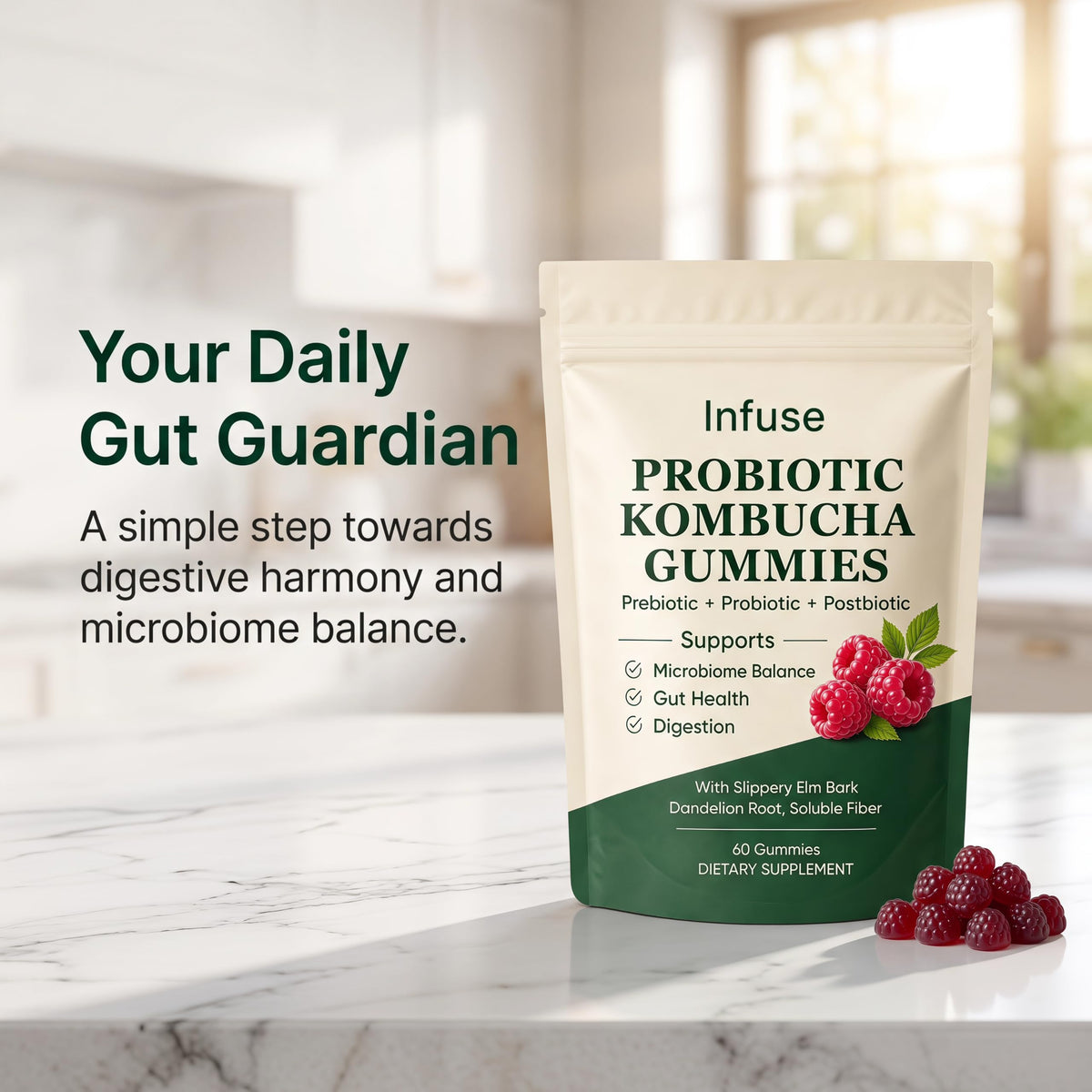 Gummies Kombucha infuse probiotic avec des ingrédients naturels en arrière-plan