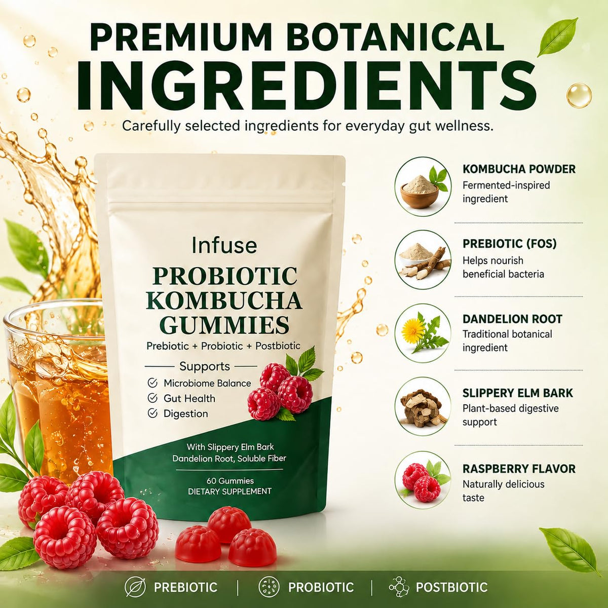 Gummies Kombucha infuse probiotic avec racine de pissenlit en arrière-plan
