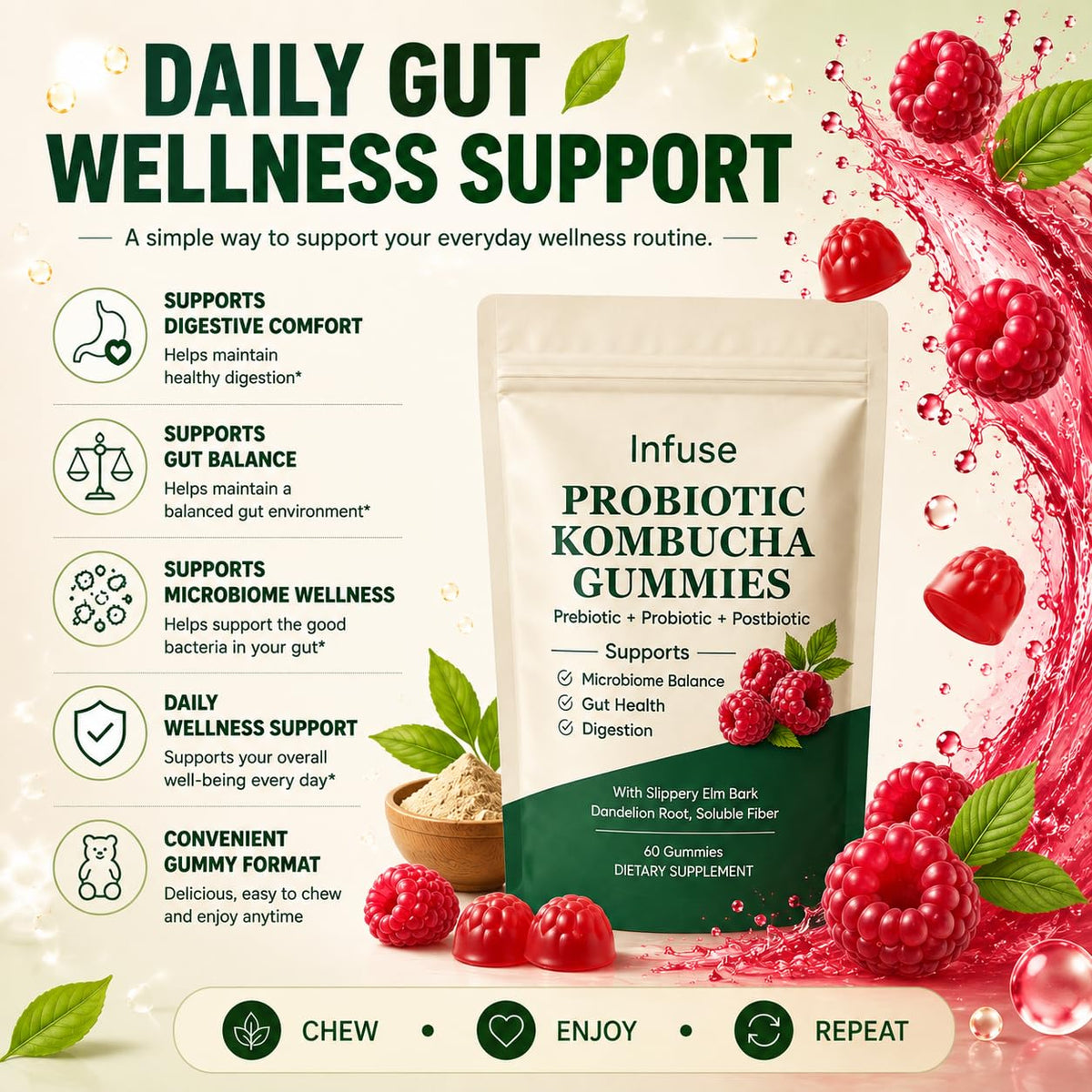 Gummies Kombucha infuse probiotic montrant la texture et la couleur framboise