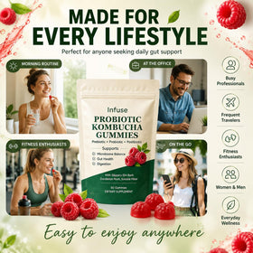 Gummies Kombucha infuse probiotic sur une table en bois