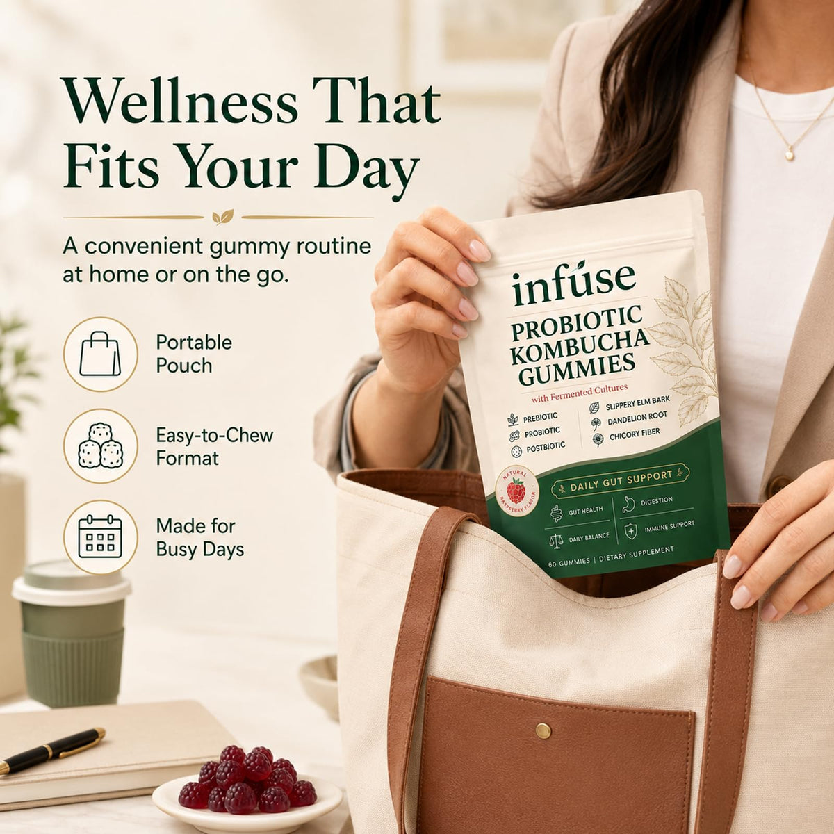 Gummies Kombucha Lumvelle Organics à côté d'une tasse de thé