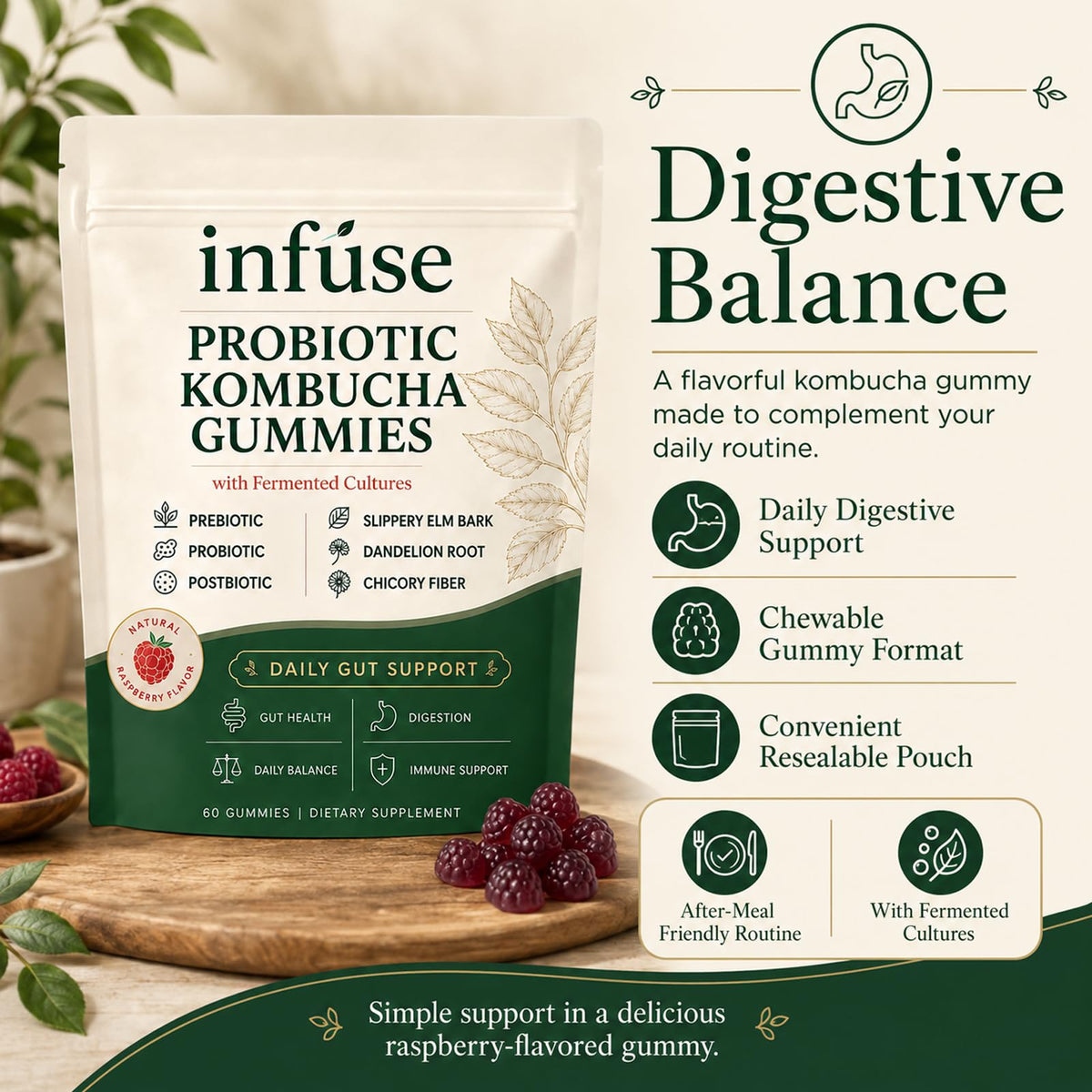 Gummies Kombucha Lumvelle Organics avec étiquette et ingrédients