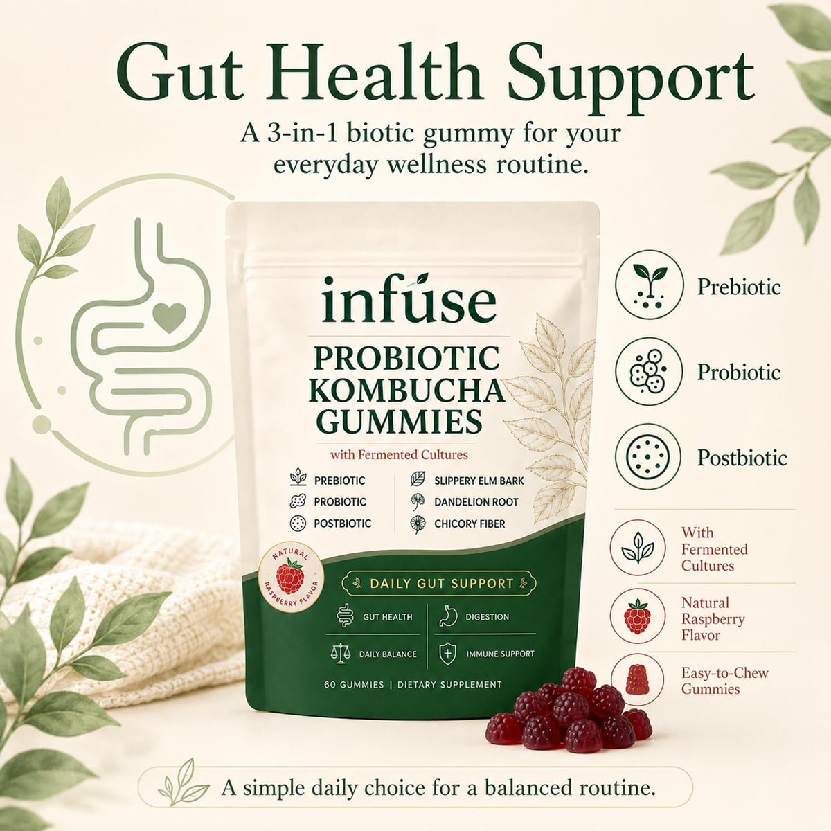 Gummies Kombucha Lumvelle Organics sur une surface en bois