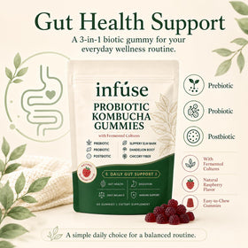 Gummies Kombucha Lumvelle Organics sur une surface en bois