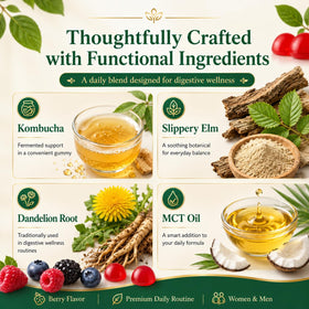 Gummies Kombucha PRIMEHAVEN, présentation sur une table en bois