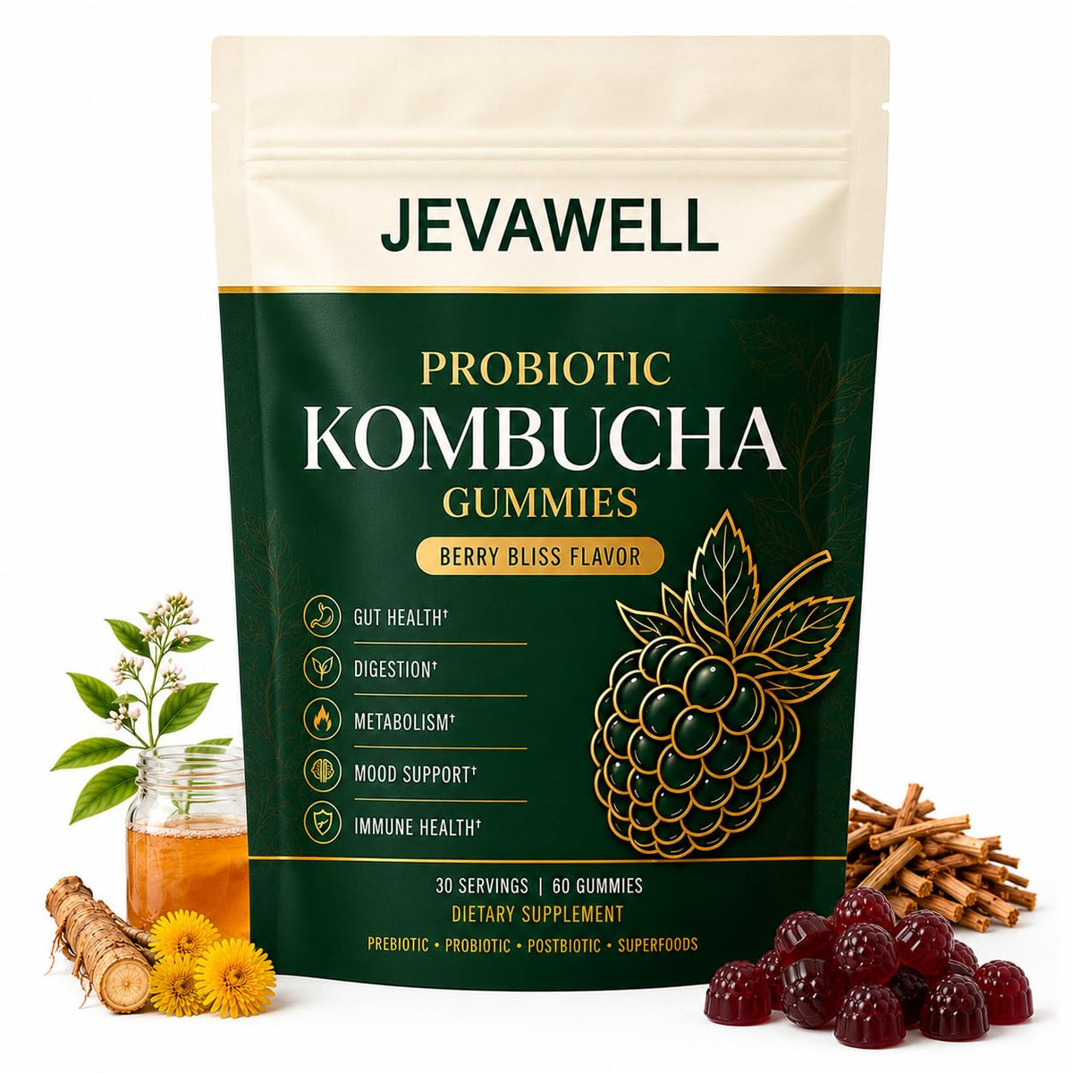 Gummies Kombucha Probiotiques de jevawell, flacon de 60 capsules