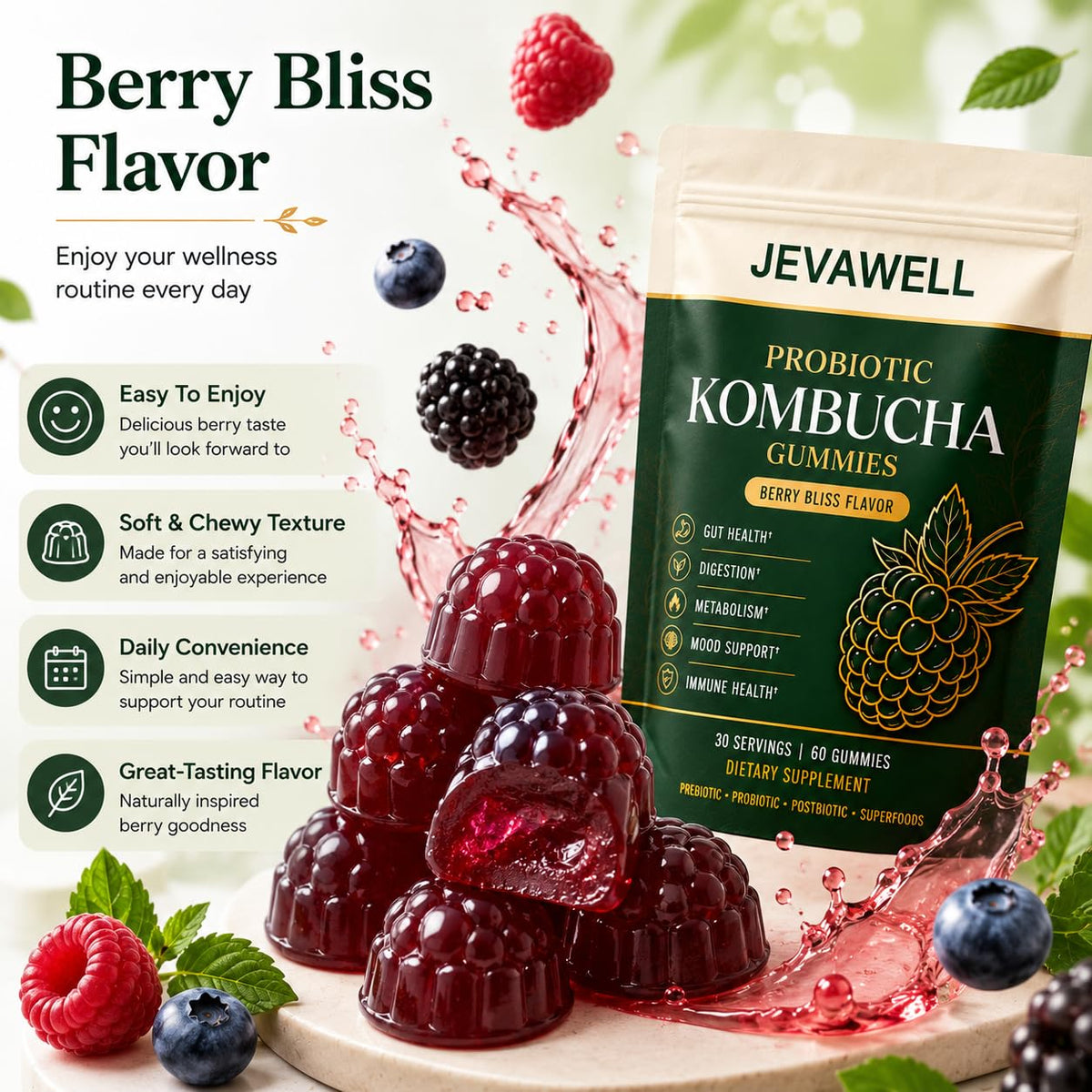 Gummies Kombucha Probiotiques de jevawell, flacon ouvert avec gummies visibles