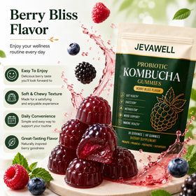 Gummies Kombucha Probiotiques de jevawell, flacon ouvert avec gummies visibles
