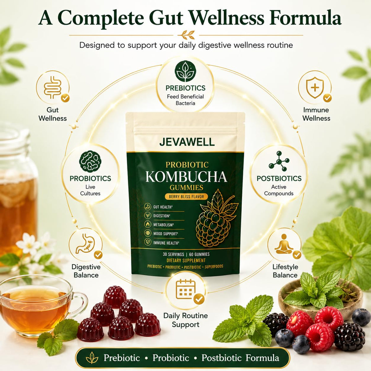Gummies Kombucha Probiotiques de jevawell, ingrédients naturels sur fond blanc