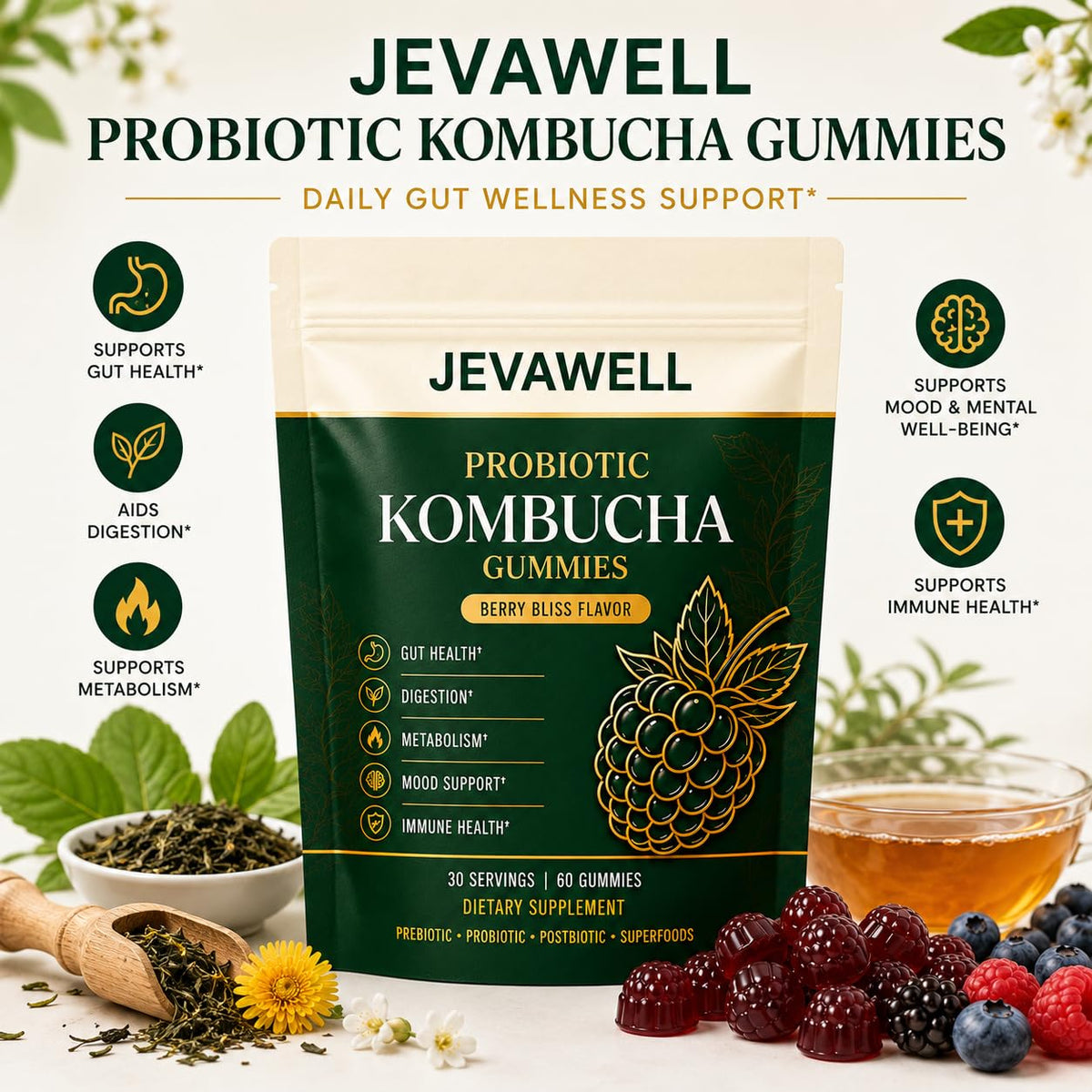 Gummies Kombucha Probiotiques de jevawell, vue de côté avec étiquette