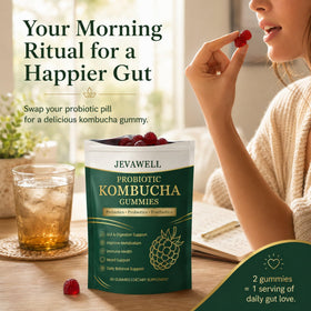 Gummies Kombucha probiotiques Peehss sur une table avec des fruits