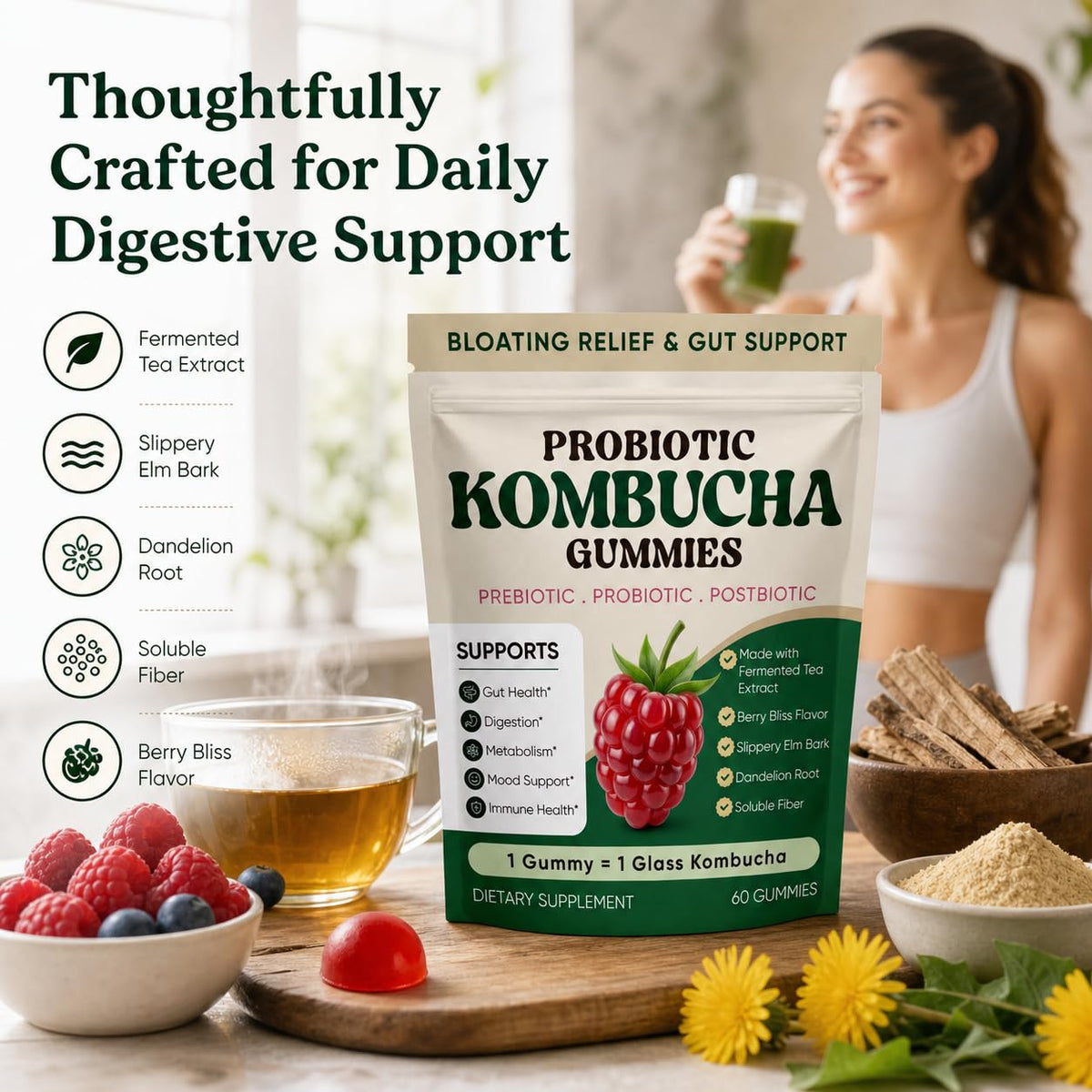 Gummies Kombucha SUUDUUL sur une table avec fruits
