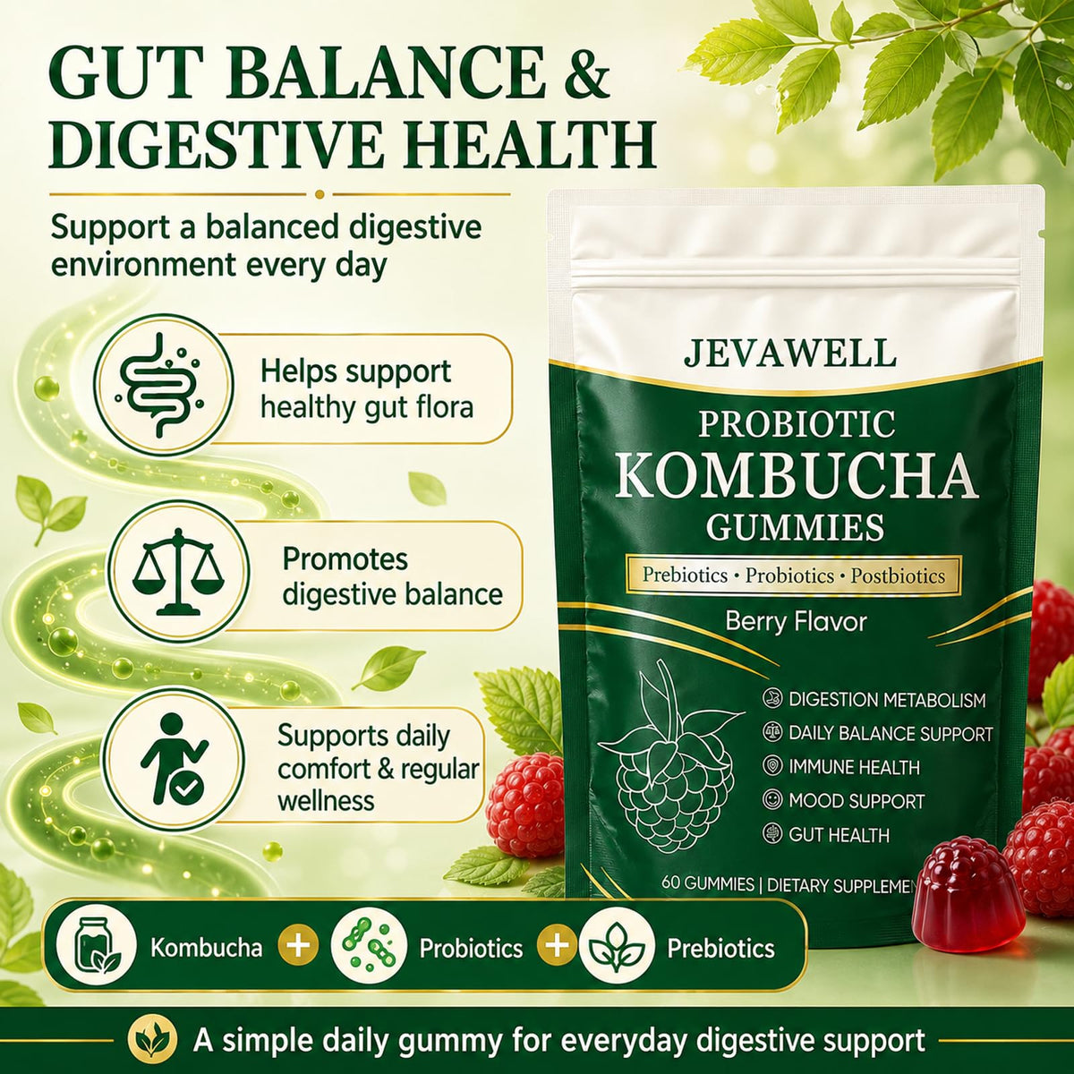 Gummies Kombucha VivaMelhor, avec des fruits frais en arrière-plan